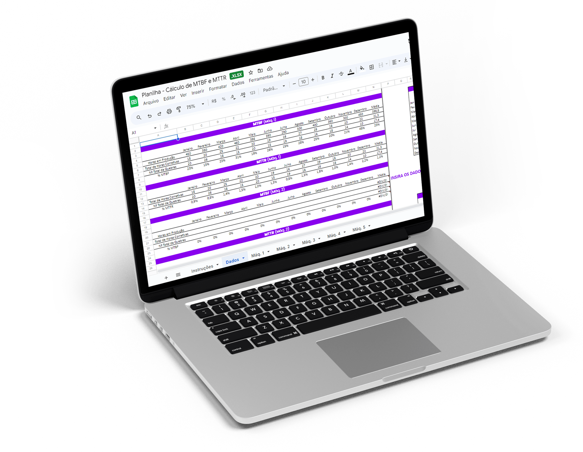 Planilha cálculod e MTBR e MTTR na tela do computador