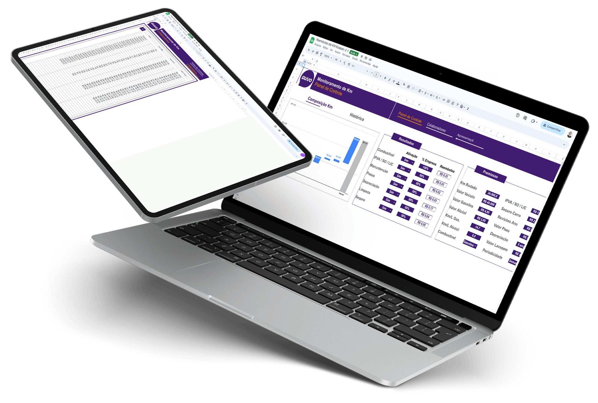 Planilha de controle de KM rodado no computador e tablet