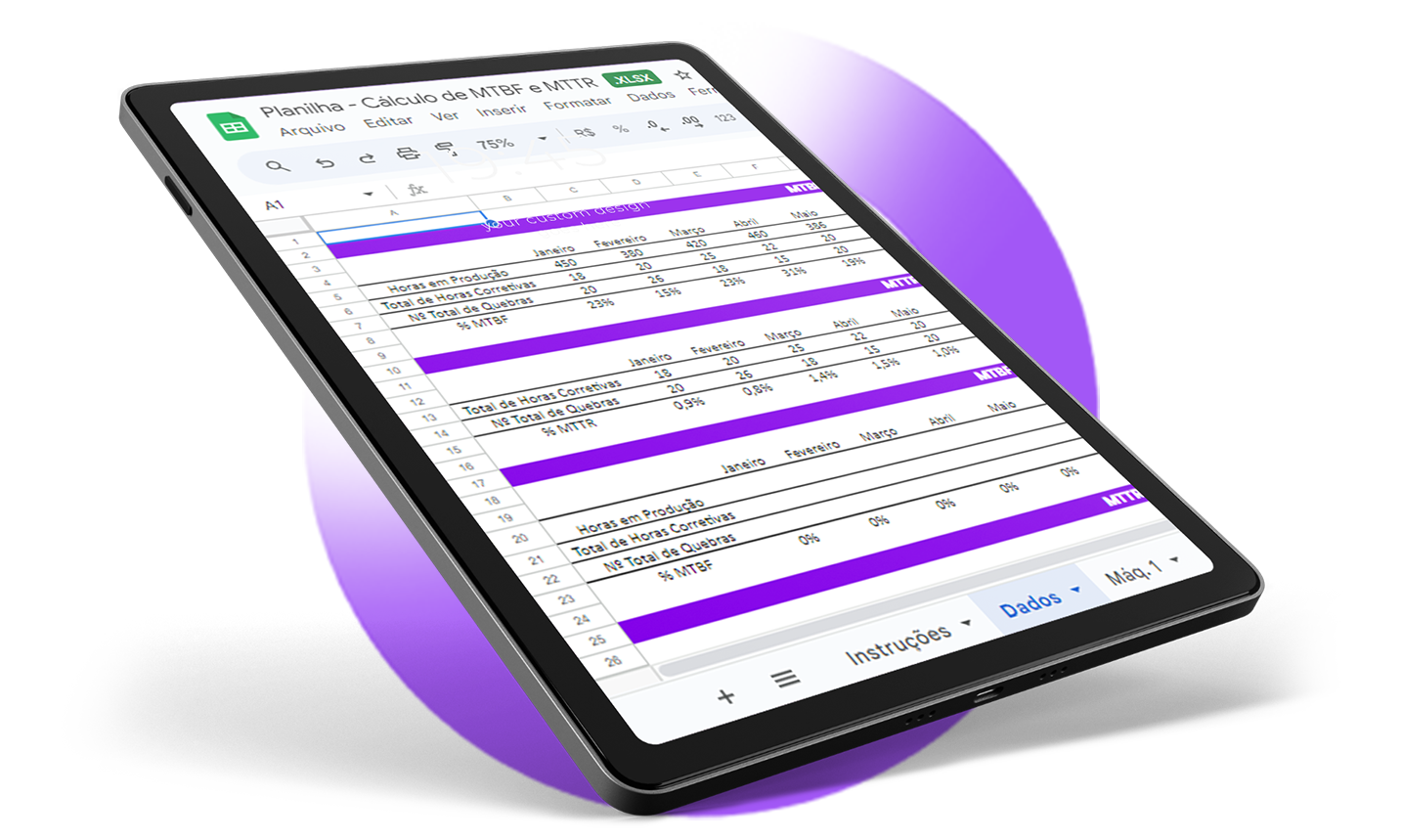 Planilha para calcular MTTR e MTBF no tablet