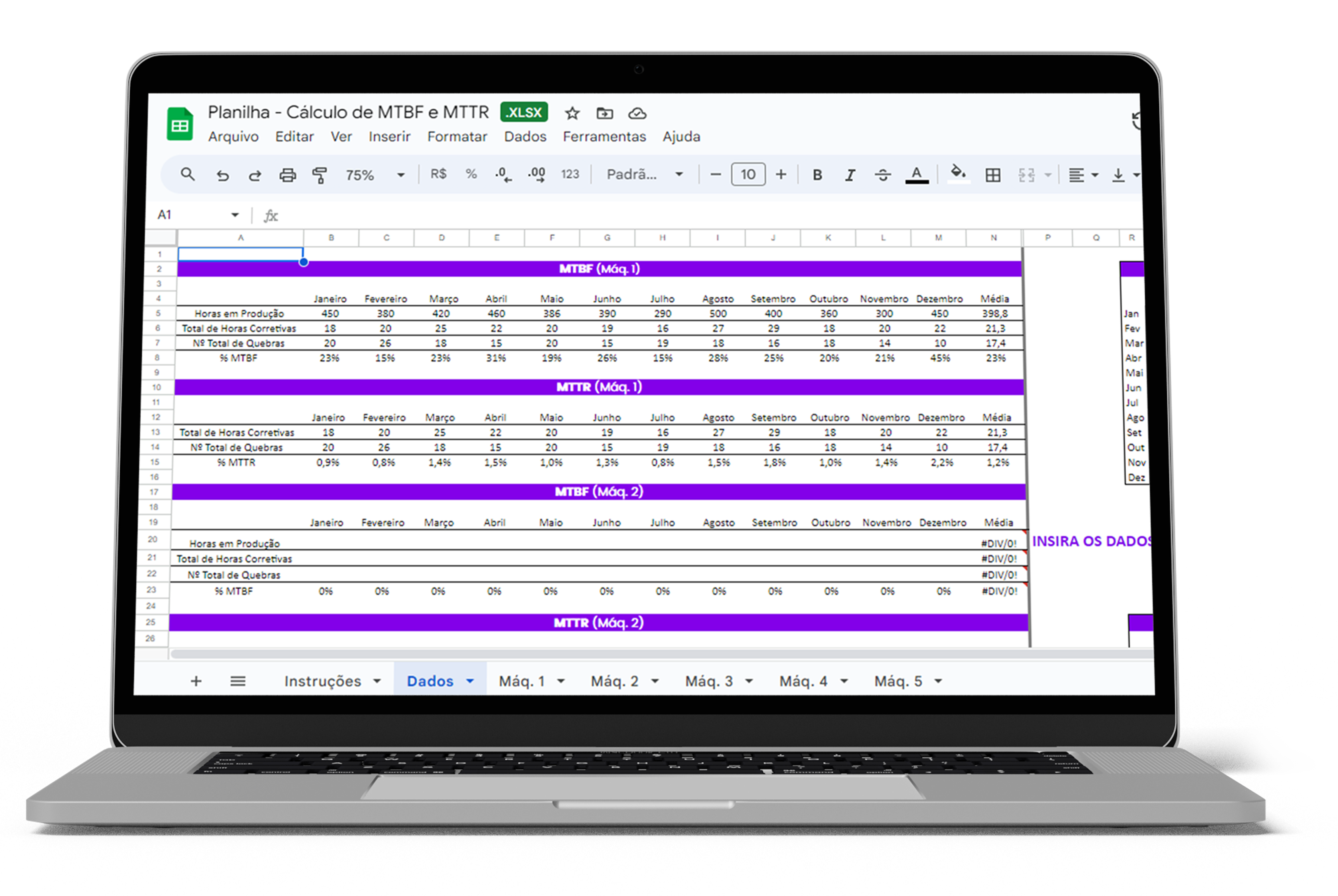 Planilha para calcular MTTR e MTBR no computador