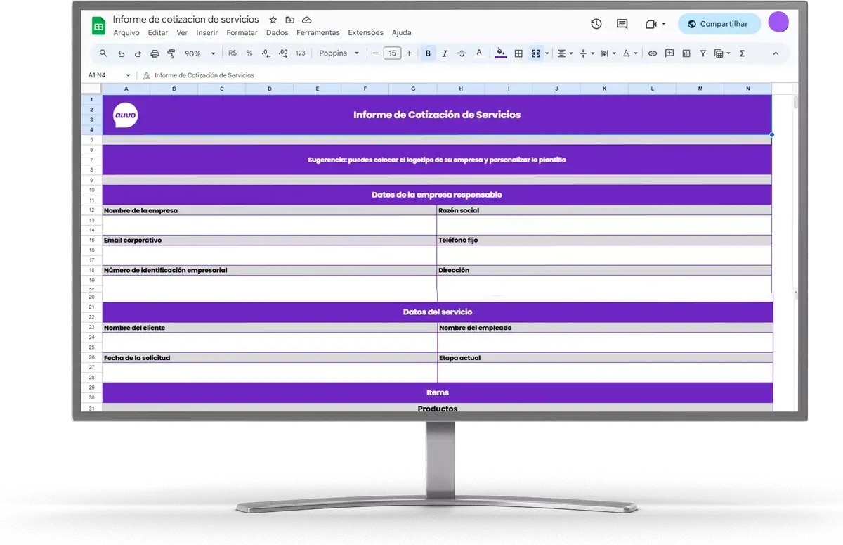 Informe de cotización de servicios: vista previa del material de Auvo